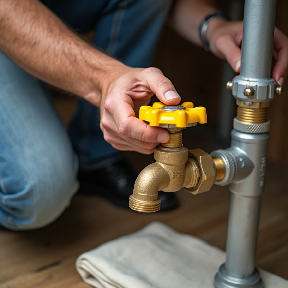 Homeowner turning yellow handle of main brass ball shutoff valve in basement near water meter