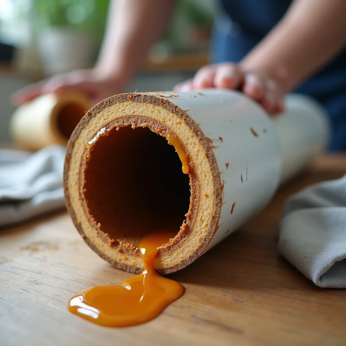 Cross section of 2-inch PVC kitchen drain line occluded with hardened cooking grease