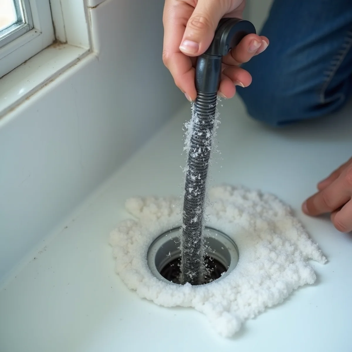 Mechanical drain snake retrieving dense hair and soap blockage from shower trap