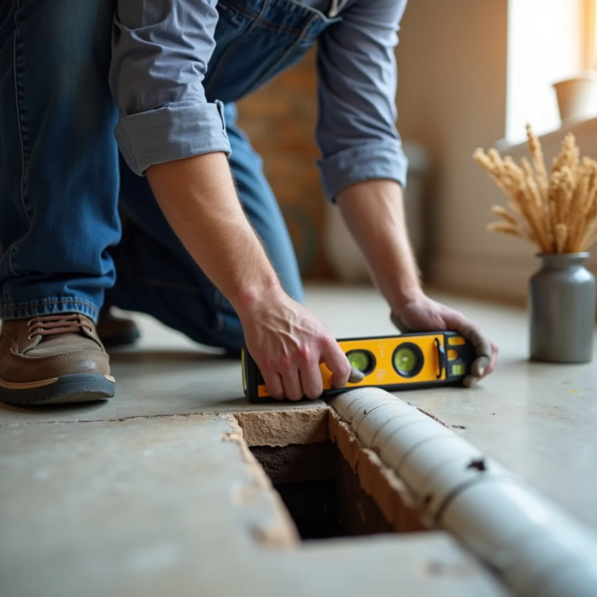 Plumber placing torpedo level on sagging basement drain pipe showing zero pitch