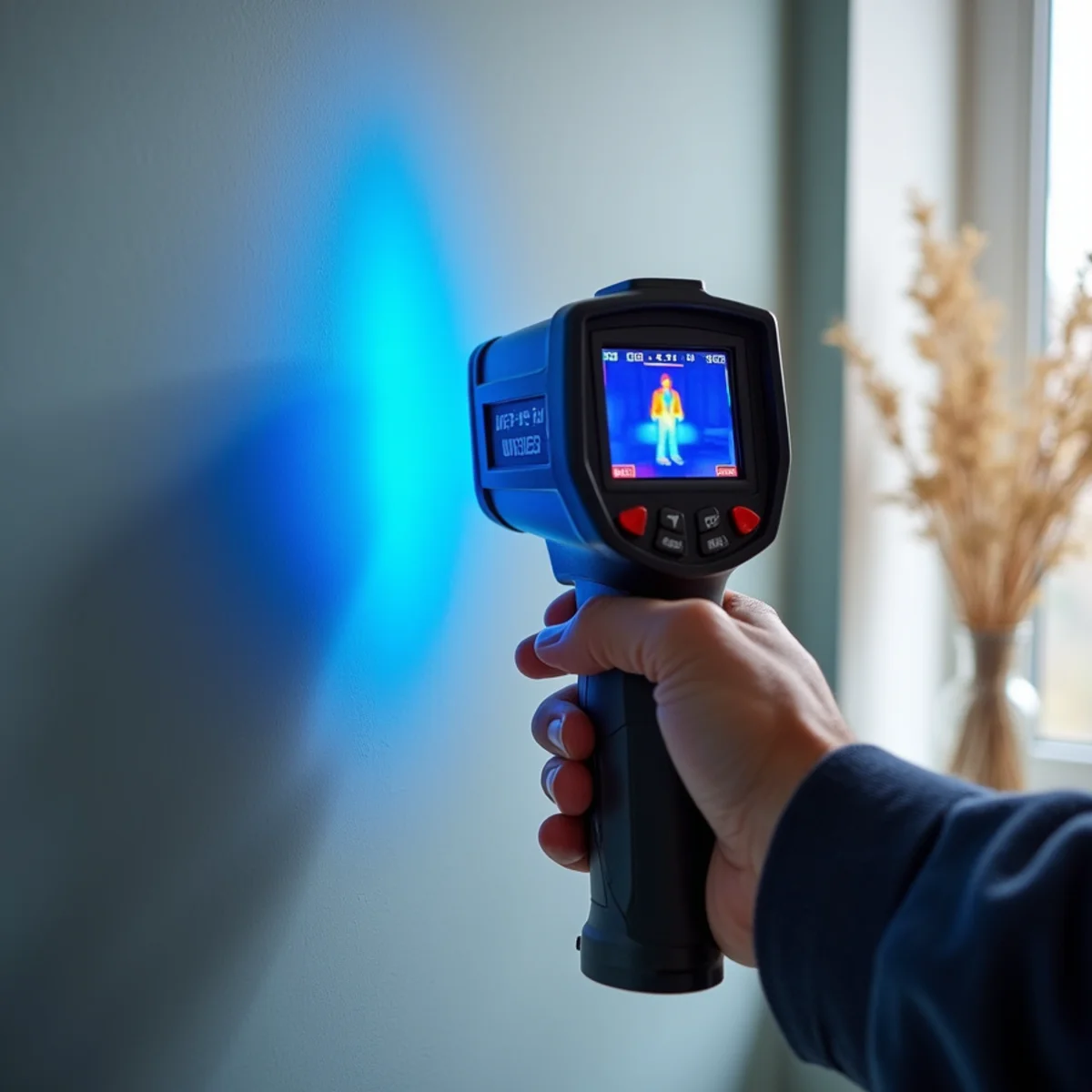 Infrared thermal camera displaying blue moisture bloom behind painted drywall
