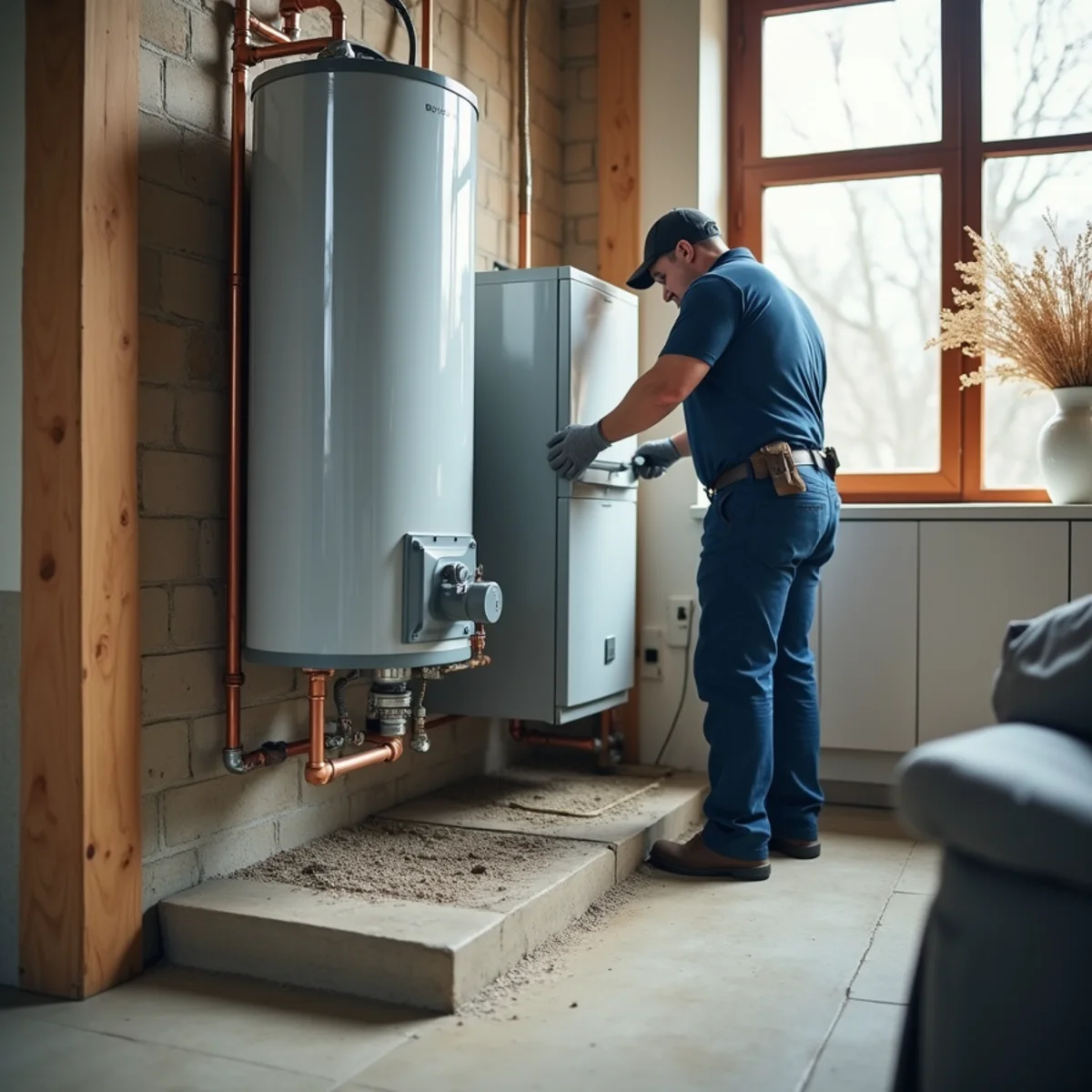Water heater and furnace mounted on elevated 6-inch concrete flood protection pad