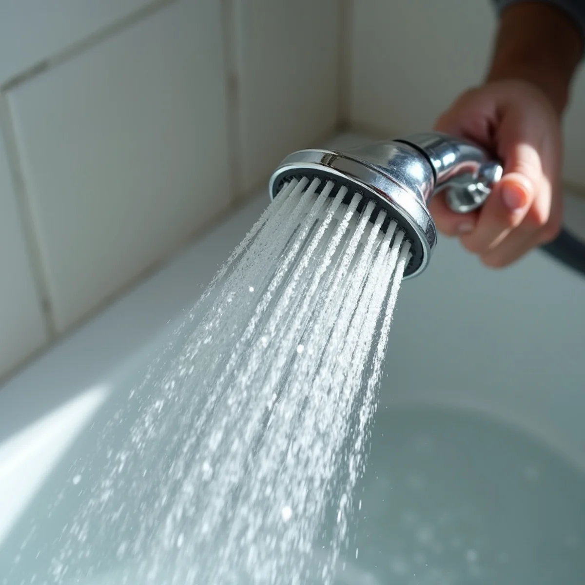Thick white mineral scale and lime crust clogging chrome showerhead spray nozzles