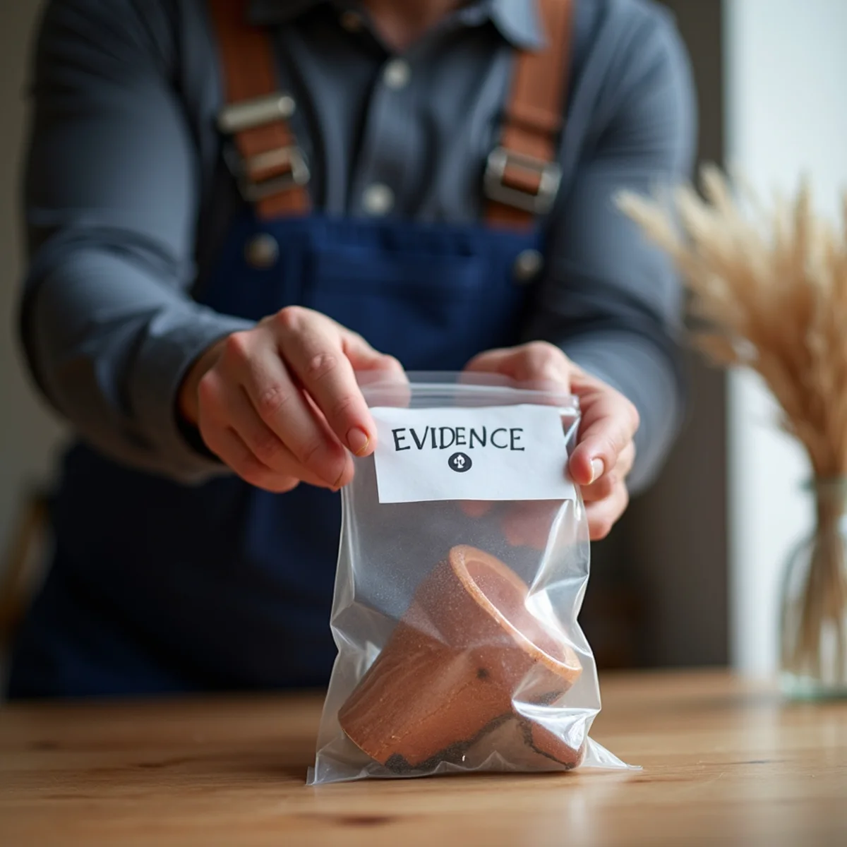 Plumber presenting cleanly excised burst copper pipe section in labeled evidence bag