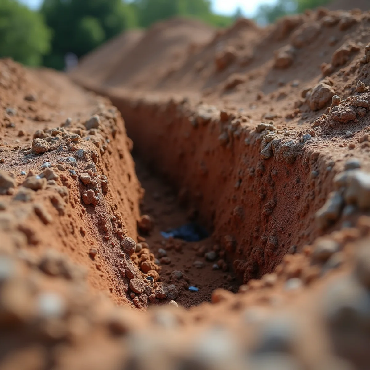 Excavated section of vitrified clay sewer lateral showing cracked bell joint and silt