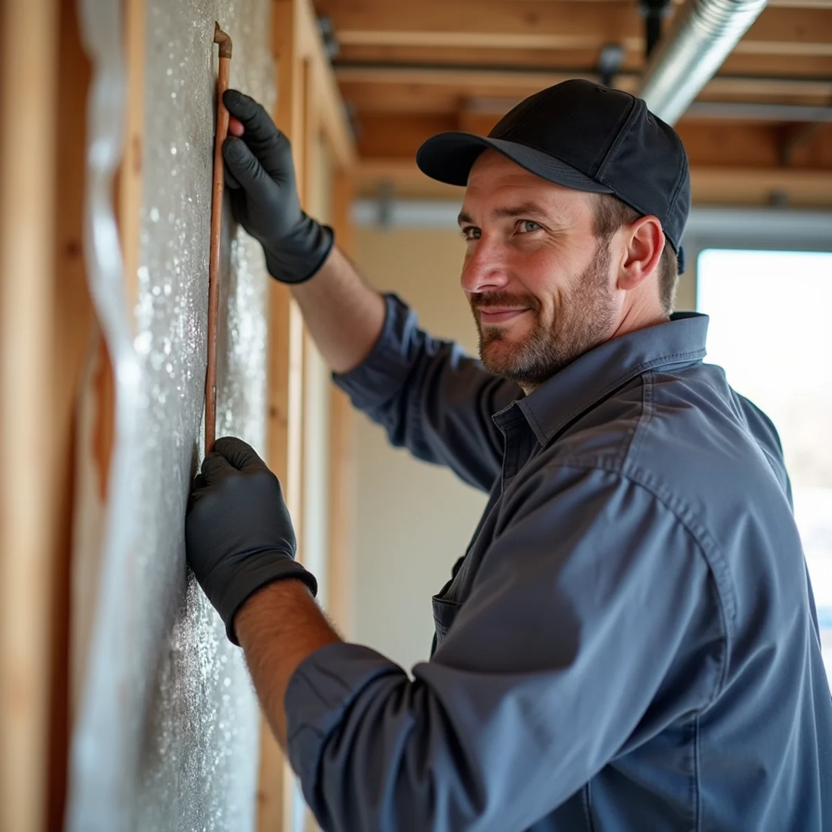 Fitting fiberglass batt insulation and foil vapor barrier over garage plumbing pipes