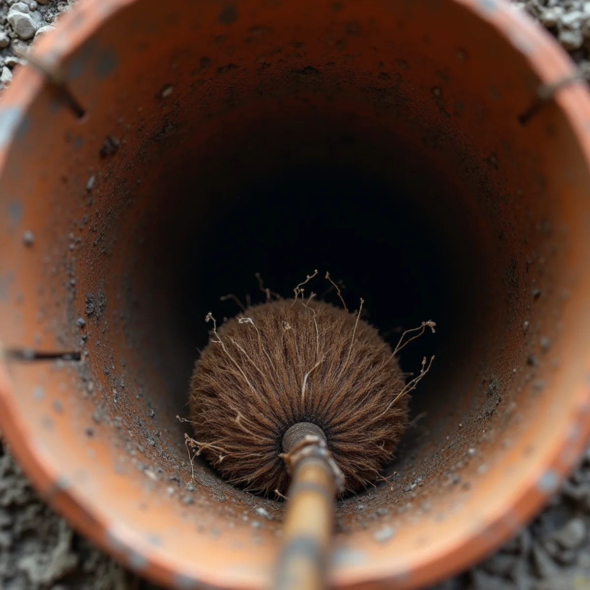 Sewer camera screenshot of dense fibrous root ball filling 70% of clay sewer pipe