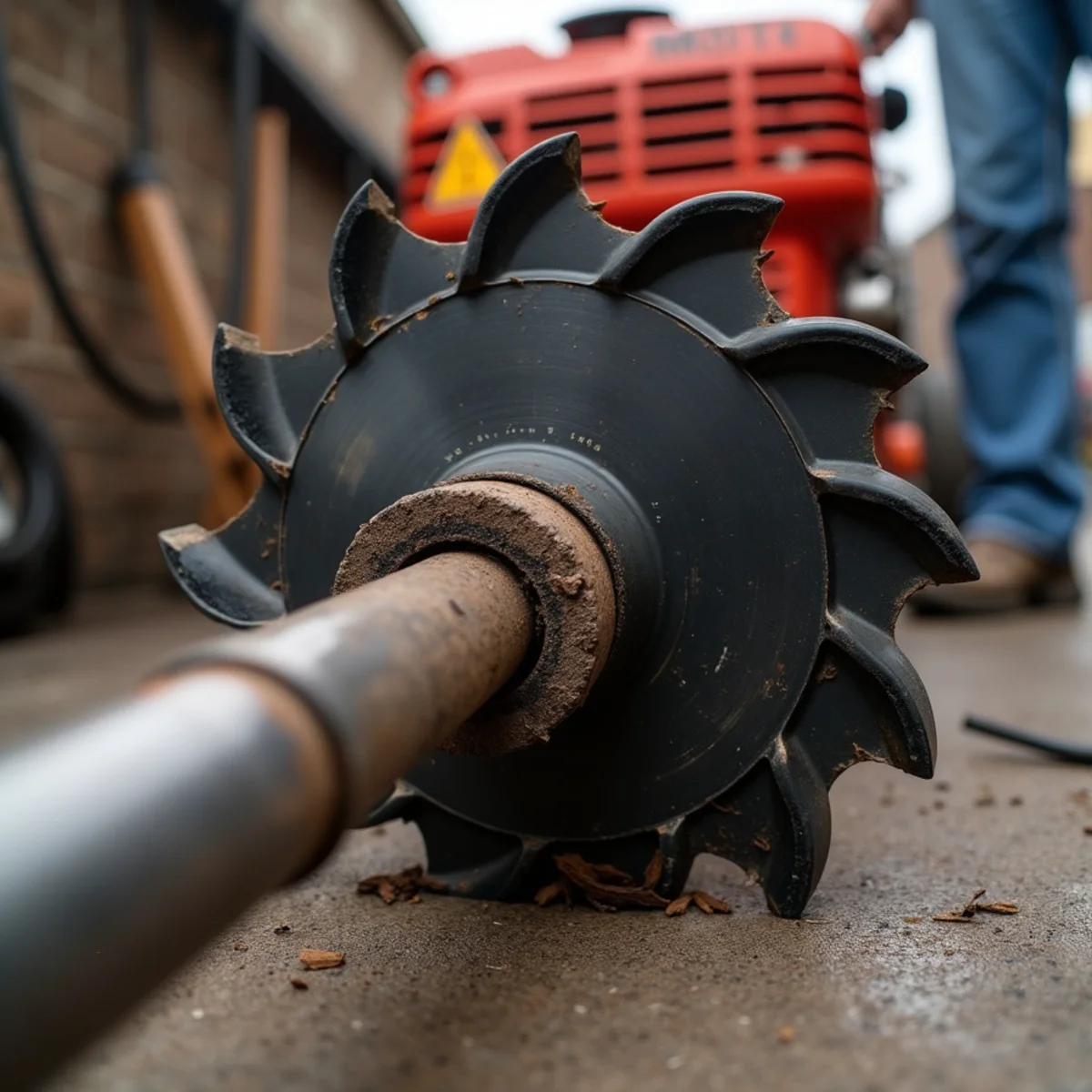 Heavy-duty root-cutting spiral blade spinning on motorized sewer auger cable