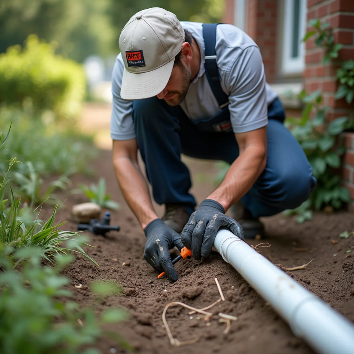 Checking outdoor PVC discharge pipe to ensure storm water flows safely away from foundation