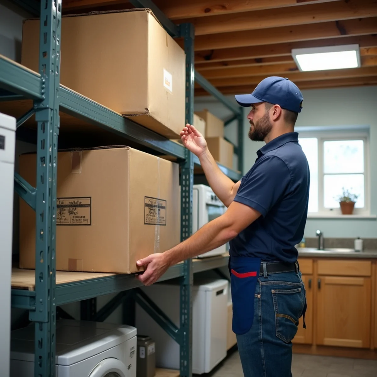 Moving storage boxes and electrical appliances onto raised steel utility shelving