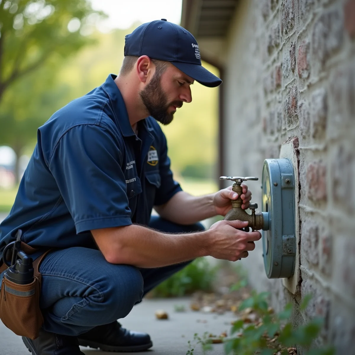 Master plumber isolating residential water meter valve during emergency call in Ankeny