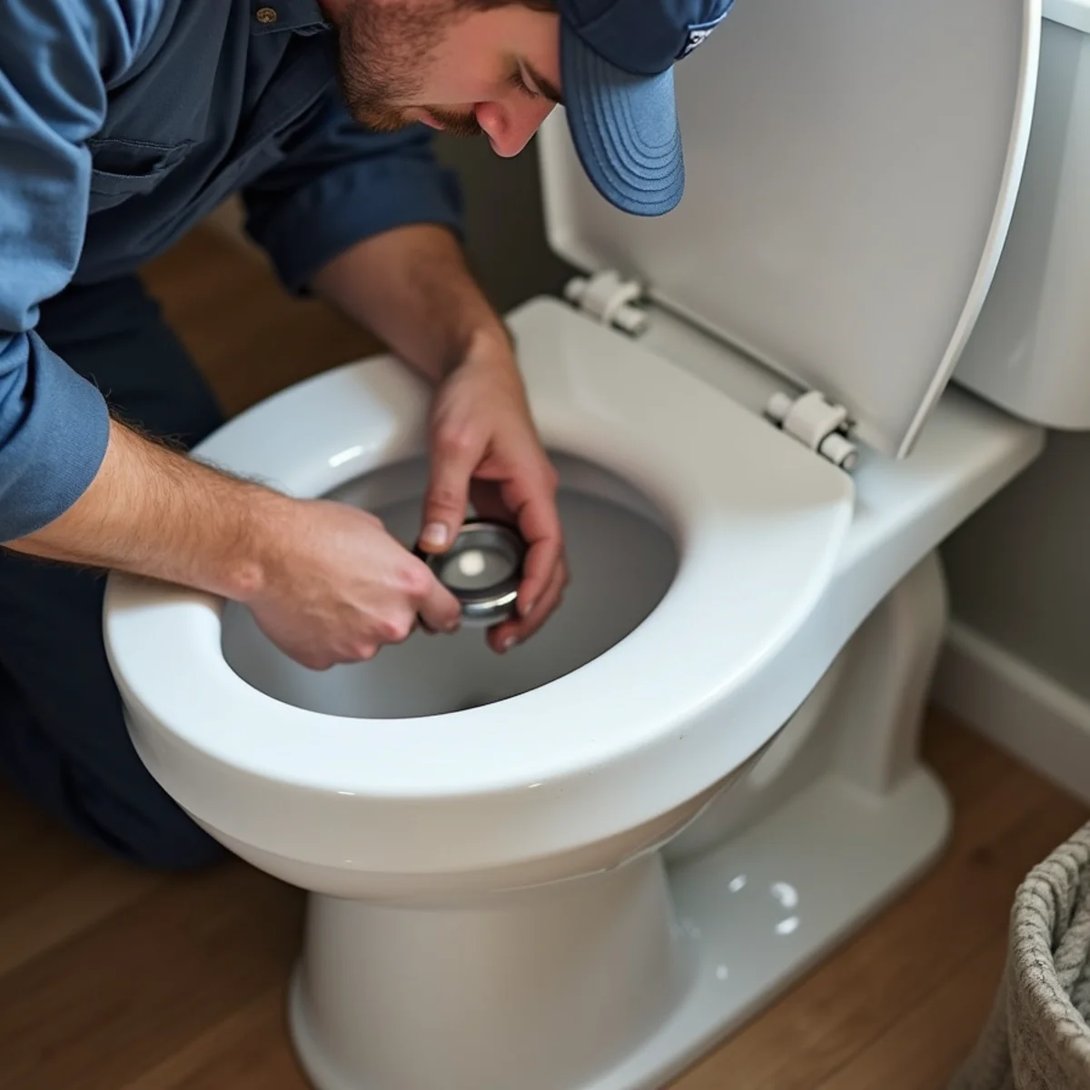 Plumber setting reinforced wax ring seal on Kohler porcelain toilet flange in Ankeny