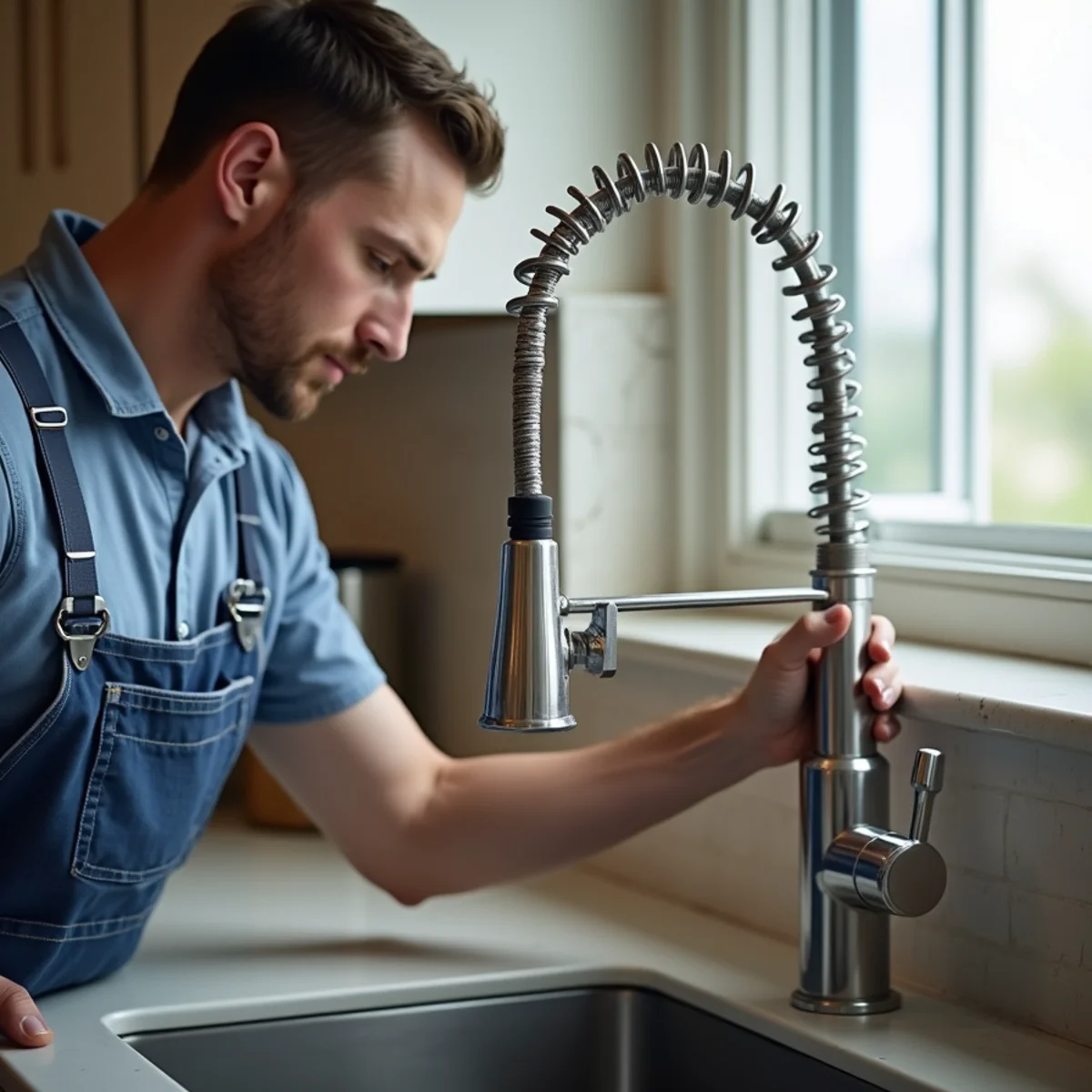 Plumber installing stainless steel braided supply lines to Moen kitchen faucet in Ankeny