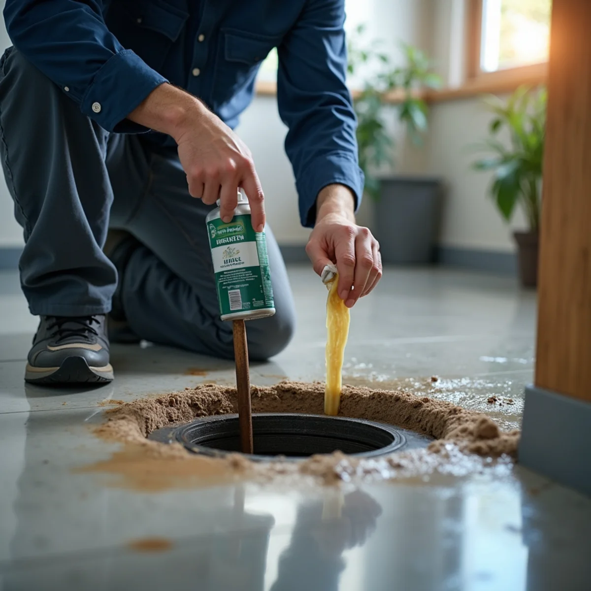 Antimicrobial wash applied to basement floor drain after sewage backup clearance