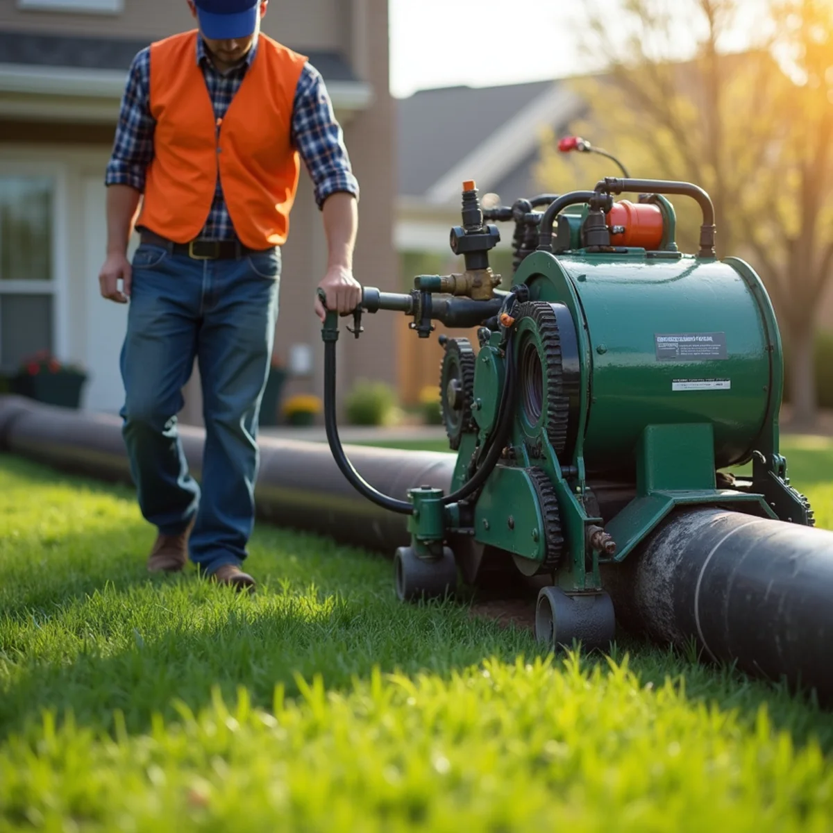 Trenchless epoxy cured-in-place pipe lining drum operating on residential lawn in Ankeny